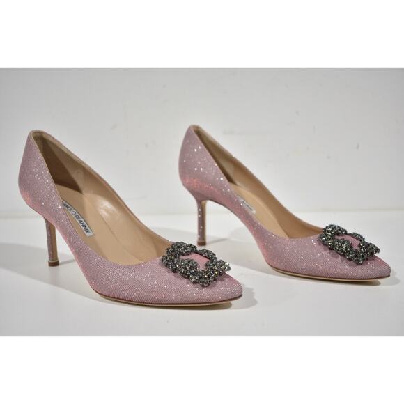 Manolo Blahnik Hangisi 70 Pink Glitter Crystal Jewel Buckle Low Heel Pump 39 - Picture 3 of 12